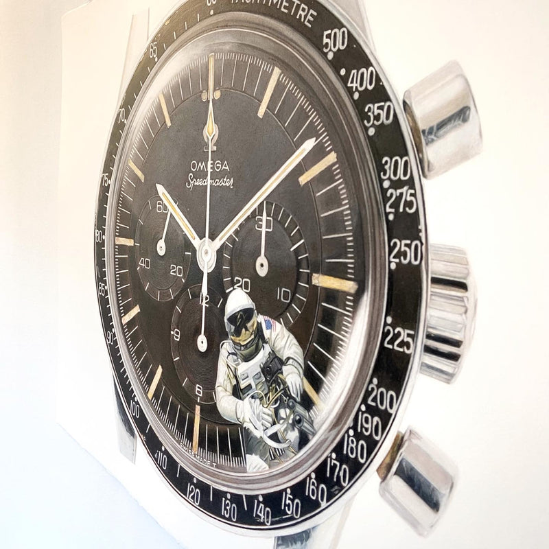 Omega Speedmaster watch with astronaut illustration on a white background Cecilia Mendoza CM Visual Artist Ceciliaismyname Omega speedmaster Ed White moonwatch