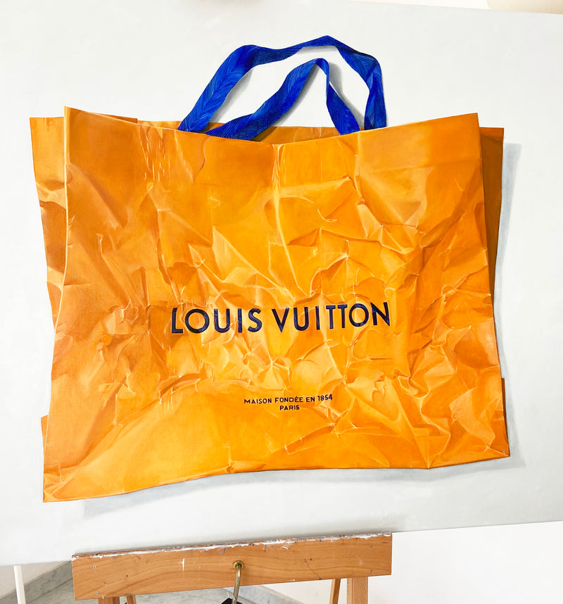Cecilia_Mendoza, CM_Visual, ceciliaismyname, Artist Louis Vuitton Crumble Bag Work in progress, Orange Louis Vuitton bag with blue handles on a white background