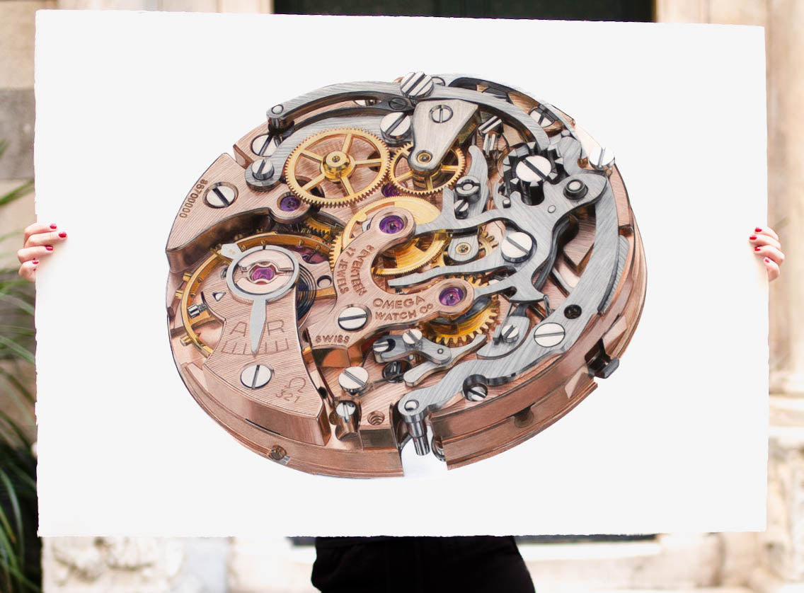 Calibre 321 artwork by Cecilia Mendoza, CM Visual Artist, drawing with colour pencils on Arches Paper. Moonwatch, Omega speedmaster