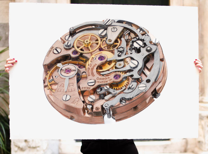 Calibre 321 artwork by Cecilia Mendoza, CM Visual Artist, drawing with colour pencils on Arches Paper. Moonwatch, Omega speedmaster