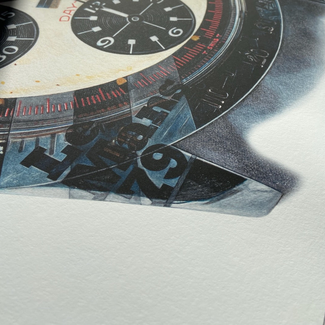 Detail of the fine art print Rolex Daytona Paul Newman by CM visual Artist, Cecilia Mendoza, @ceciliaismyname
