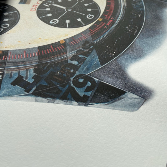 Detail of the fine art print Rolex Daytona Paul Newman by CM visual Artist, Cecilia Mendoza, @ceciliaismyname