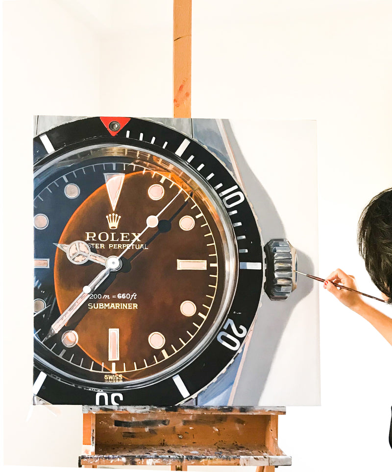 Oil painting Rolex Submariner reference 6538 Big Crown vintage honey gilt dial original artwork by Cecilia Mendoza CM Visual Artist
