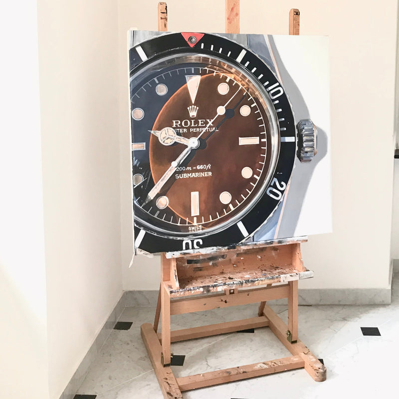 Oil painting Rolex Submariner reference 6538 Big Crown vintage honey gilt dial original artwork by Cecilia Mendoza, CM Visual Artist, @ceciliaismyname
