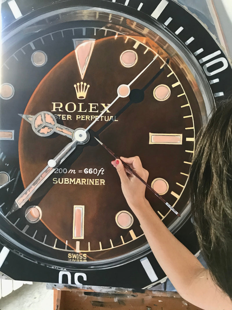 Oil painting Rolex Submariner reference 6538 Big Crown vintage honey gilt dial original artwork by Cecilia Mendoza CM Visual Artist, @ceciliaismyname
