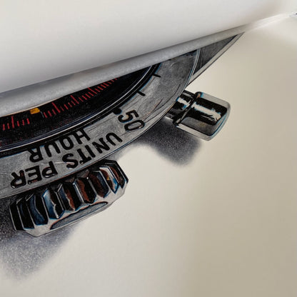 Rolex Daytona Paul Newman Fine Art Print, Crown and pusher detail by Cecilia Mendoza, CM Visual Artist, @cecilaismyname