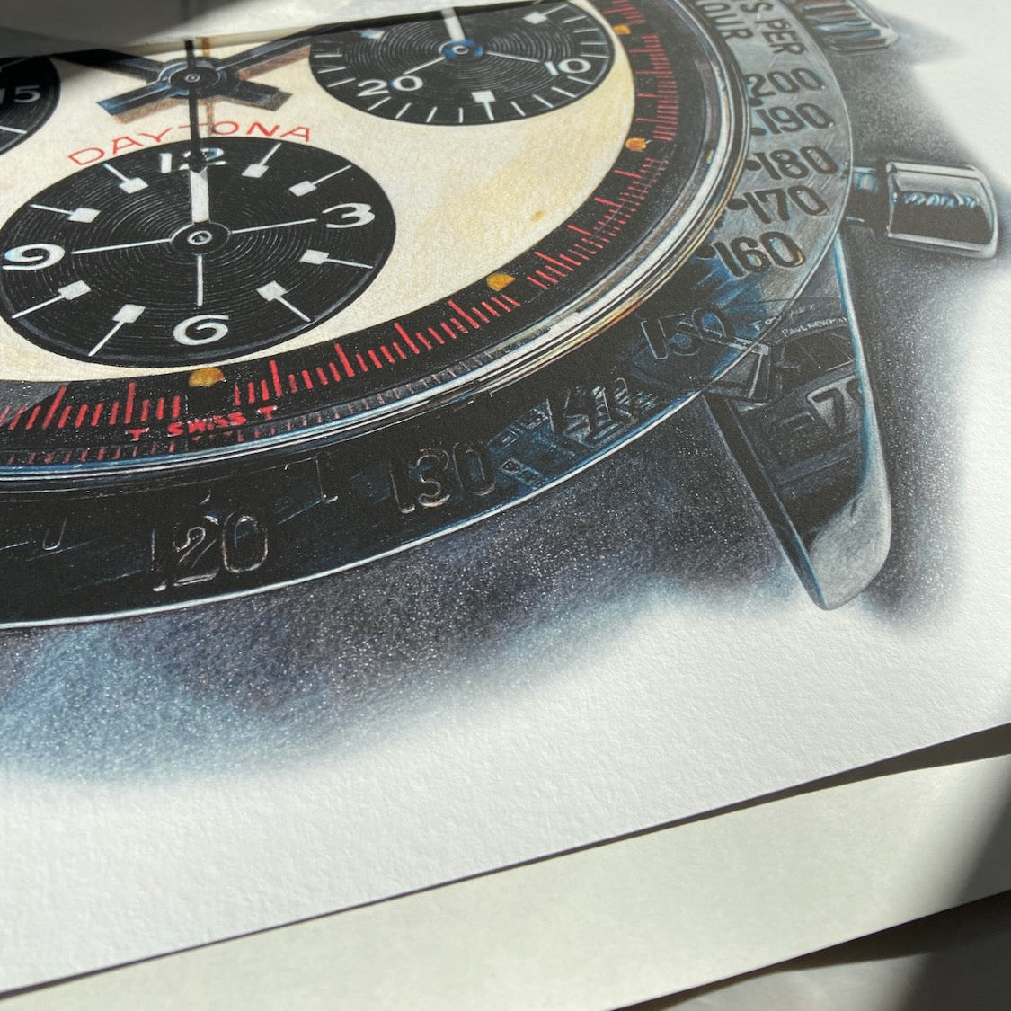 Detail of the Fine Art print of the Rolex Daytona Paul Newman by Cecilia Mendoza, CM visual Artist, @ceciliaismyname