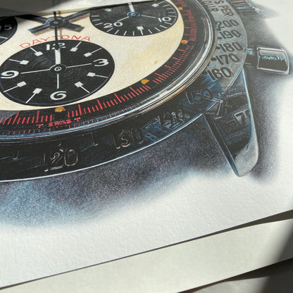 Detail of the Fine Art print of the Rolex Daytona Paul Newman by Cecilia Mendoza, CM visual Artist, @ceciliaismyname